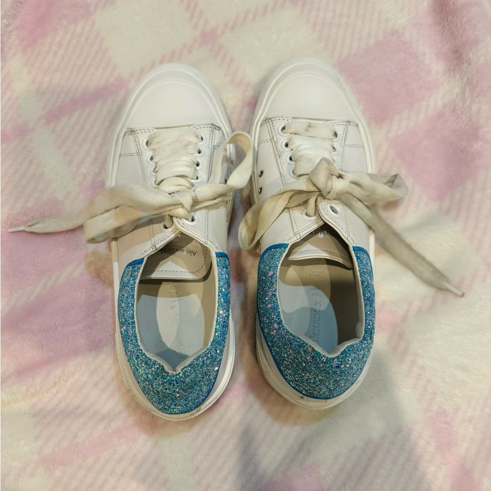 Alexander McQueen White Sneakers with Blue Glitter Detail